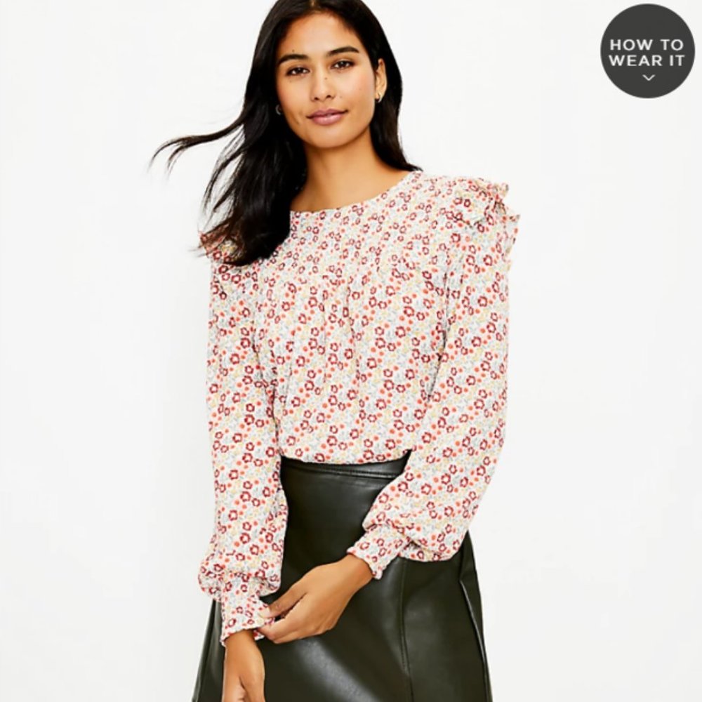 Floral Ruffle Shoulder Long-Sleeve Top - Cream & Pink